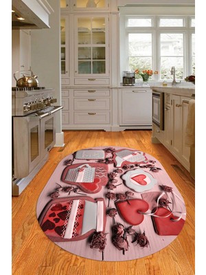 Napoli Home 3D Dijital Baskılı Kaymaz Yıkanabilir Renkli Modern Oval Mutfak Halısı, N-O-Mutfak-34-Kırmızı,