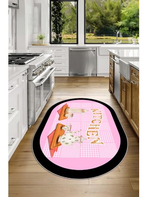 Napoli Home Dijital Baskılı Kaymaz Yıkanabilir Kitchen Yazılı Oval Mutfak Halısı, N-O-Mutfak-18-Pembe,