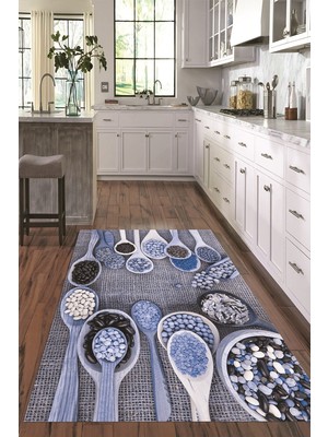Napoli Home 3D Dijital Baskılı Kaymaz Taban Yıkanabilir Renkli Modern Mutfak Halısı, N-Mutfak-29-Mavi,