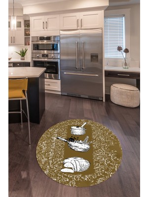 Napoli Home 3D Dijital Baskılı Kaymaz Yıkanabilir Renkli Modern Yuvarlak Mutfak Halısı, N-Y-Mutfak-45-Kahve,