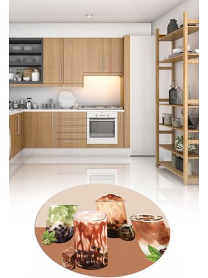 Napoli Home 3D Dijital Baskılı Kaymaz Yıkanabilir Renkli Modern Yuvarlak Mutfak Halısı, N-Y-Mutfak-37-Kahve,