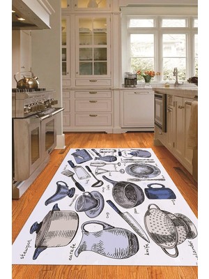 Napoli Home 3D Dijital Baskılı Kaymaz Taban Yıkanabilir Renkli Modern Mutfak Halısı, N-Mutfak-35-Mavi,