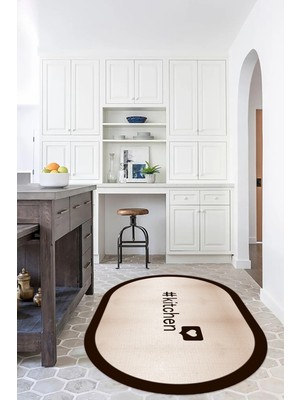 Napoli Home Dijital Baskılı Kaymaz Yıkanabilir Kitchen Yazılı Oval Mutfak Halısı, N-O-Mutfak-02-Kahve,