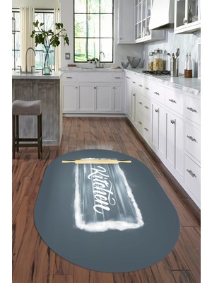 Napoli Home Dijital Baskılı Kaymaz Yıkanabilir Kitchen Yazılı Oval Mutfak Halısı, N-O-Mutfak-28-Gri,
