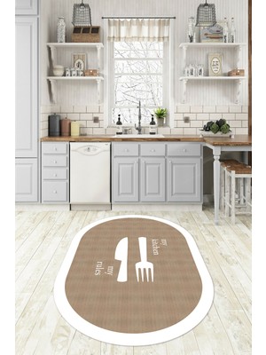 Napoli Home Dijital Baskılı Kaymaz Yıkanabilir Kitchen Yazılı Oval Mutfak Halısı, N-O-Mutfak-09-Beyaz,