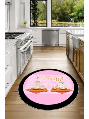 Napoli Home Dijital Baskılı Kaymaz Yıkanabilir Kitchen Yazılı Yuvarlak Mutfak Halısı, N-Y-Mutfak-18-Pembe,