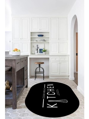 Napoli Home Dijital Baskılı Kaymaz Yıkanabilir Kitchen Yazılı Oval Mutfak Halısı, N-O-Mutfak-04-Siyah,