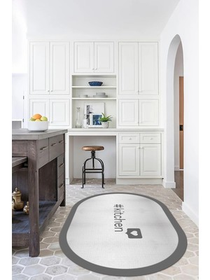 Napoli Home Dijital Baskılı Kaymaz Yıkanabilir Kitchen Yazılı Oval Mutfak Halısı, N-O-Mutfak-02-Gri,