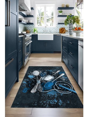 Napoli Home 3D Dijital Baskılı Kaymaz Taban Yıkanabilir Renkli Modern Mutfak Halısı, N-Mutfak-19-Mavi,