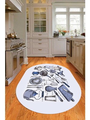 Napoli Home 3D Dijital Baskılı Kaymaz Yıkanabilir Renkli Modern Oval Mutfak Halısı, N-O-Mutfak-35-Mavi,