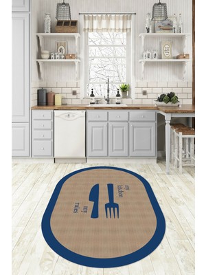 Napoli Home Dijital Baskılı Kaymaz Yıkanabilir Kitchen Yazılı Oval Mutfak Halısı, N-O-Mutfak-09-Mavi,
