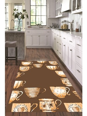 Napoli Home Dijital Baskılı Kaymaz Taban Yıkanabilir Renkli Modern Mutfak Halısı, N-Mutfak-26-Kahve,