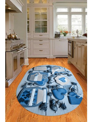 Napoli Home 3D Dijital Baskılı Kaymaz Yıkanabilir Renkli Modern Oval Mutfak Halısı, N-O-Mutfak-34-Mavi,