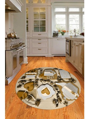 Napoli Home 3D Dijital Baskılı Kaymaz Yıkanabilir Renkli Modern Yuvarlak Mutfak Halısı, N-Y-Mutfak-34-Kahve,