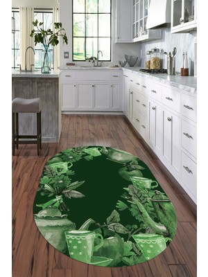 Napoli Home 3D Dijital Baskılı Kaymaz Yıkanabilir Renkli Modern Oval Mutfak Halısı, N-O-Mutfak-25-Yeşil,