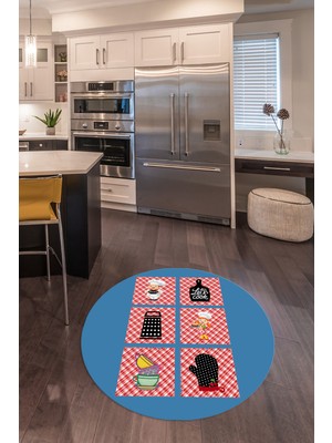 Napoli Home Dijital Baskılı Kaymaz Yıkanabilir Renkli Modern Yuvarlak Mutfak Halısı, N-Y-Mutfak-43-Mavi,