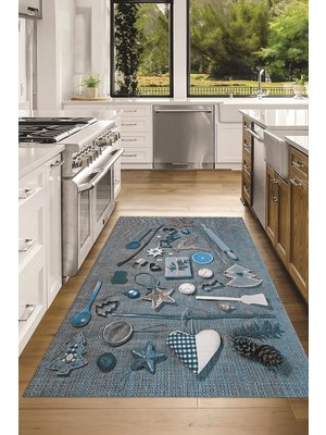Napoli Home 3D Dijital Baskılı Kaymaz Taban Yıkanabilir Renkli Modern Mutfak Halısı, N-Mutfak-16-Mavi,
