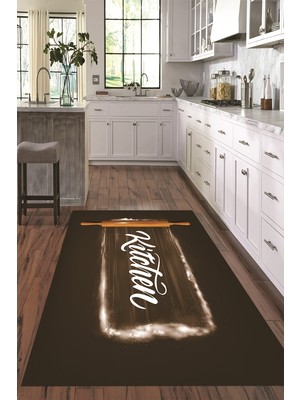 Napoli Home Dijital Baskılı Kaymaz Taban Yıkanabilir Kitchen Yazılı Mutfak Halısı, N-Mutfak-28-Kahve,