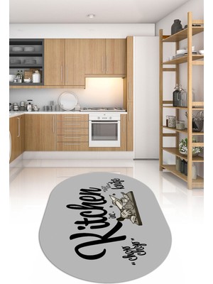 Napoli Home Dijital Baskılı Kaymaz Yıkanabilir Kitchen Yazılı Oval Mutfak Halısı, N-O-Mutfak-41-Gri-Siyah,