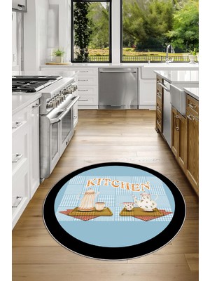 Napoli Home Dijital Baskılı Kaymaz Yıkanabilir Kitchen Yazılı Yuvarlak Mutfak Halısı, N-Y-Mutfak-18-Mavi,