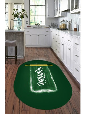 Napoli Home Dijital Baskılı Kaymaz Yıkanabilir Kitchen Yazılı Oval Mutfak Halısı, N-O-Mutfak-28-Yeşil,