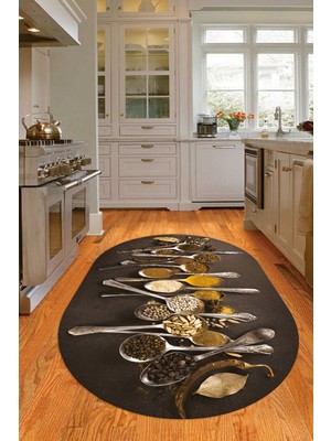 Napoli Home 3D Dijital Baskılı Kaymaz Yıkanabilir Renkli Modern Oval Mutfak Halısı, N-O-Mutfak-33-Kahve,