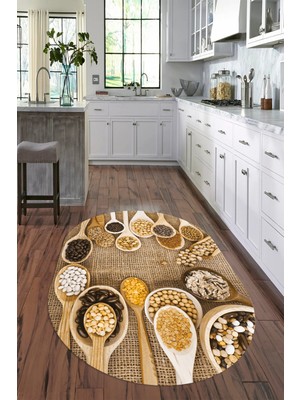 Napoli Home 3D Dijital Baskılı Kaymaz Yıkanabilir Renkli Modern Oval Mutfak Halısı, N-O-Mutfak-29-Kahve,