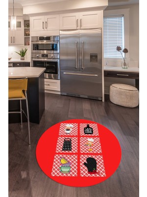Napoli Home Dijital Baskılı Kaymaz Yıkanabilir Renkli Modern Yuvarlak Mutfak Halısı, N-Y-Mutfak-43-Kırmızı,