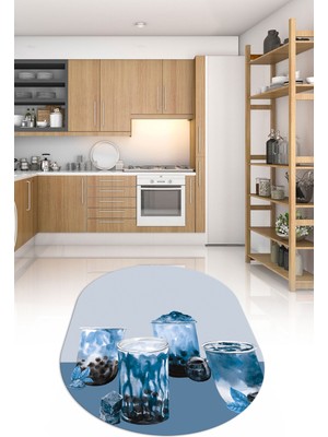 Napoli Home 3D Dijital Baskılı Kaymaz Yıkanabilir Renkli Modern Oval Mutfak Halısı, N-O-Mutfak-37-Mavi,