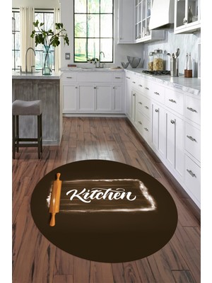 Napoli Home Dijital Baskılı Kaymaz Yıkanabilir Kitchen Yazılı Yuvarlak Mutfak Halısı, N-Y-Mutfak-28-Kahve,