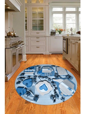 Napoli Home 3D Dijital Baskılı Kaymaz Yıkanabilir Renkli Modern Yuvarlak Mutfak Halısı, N-Y-Mutfak-34-Mavi,