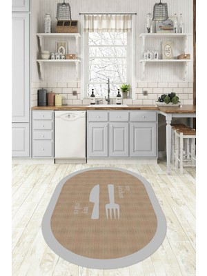 Napoli Home Dijital Baskılı Kaymaz Yıkanabilir Kitchen Yazılı Oval Mutfak Halısı, N-O-Mutfak-09-Gri,