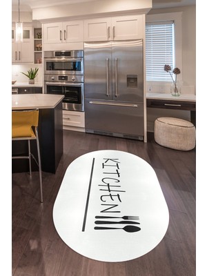 Napoli Home Dijital Baskılı Kaymaz Yıkanabilir Kitchen Yazılı Oval Mutfak Halısı, N-O-Mutfak-49-Beyaz,