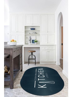 Napoli Home Dijital Baskılı Kaymaz Yıkanabilir Kitchen Yazılı Oval Mutfak Halısı, N-O-Mutfak-04-Mavi,