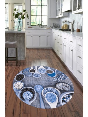 Napoli Home 3D Dijital Baskılı Kaymaz Yıkanabilir Renkli Modern Yuvarlak Mutfak Halısı, N-Y-Mutfak-29-Mavi,