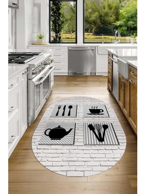 Napoli Home Dijital Baskılı Kaymaz Yıkanabilir Renkli Modern Oval Mutfak Halısı, N-O-Mutfak-14-Siyah,