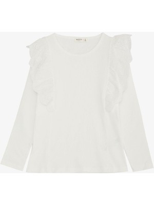 Breeze Kız Çocuk Uzun Kollu Bluz Güpür Çiçek Nakışlı 8-12 Yaş, Ekru
