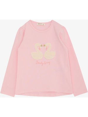 Breeze Kız Çocuk Uzun Kollu Tişört Kabartma Nakışlı Kuğu Baskılı 2-6 Yaş, Pembe