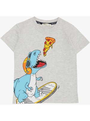Breeze Erkek Çocuk Tişört Pizza Yiyen Mutlu Dinozor Baskılı 2-6 Yaş, Açık Gri Melanj