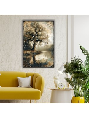 Gaagart Metal Çerçeveli Temperli Cam Tablo Kahverengi Ağaç ve Yansıma