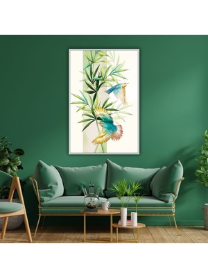 Metal Çerçeveli Temperli Cam Tablo Renkli Kuşlar ve Yapraklar