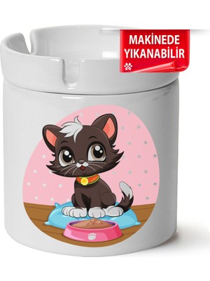 Çakılap Sevimli Kedi Baskılı Porselen At-Söndür Küllük (Kl-Hyvn-Kedi)