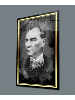 ECheffs Gold Şerit Atatürk Portresi Siyah Beyaz Cam Tablo, Uv Baskılı ve Temperli, Hediyelik