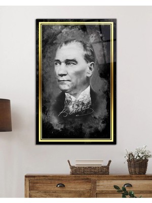 ECheffs Gold Şerit Atatürk Portresi Siyah Beyaz Cam Tablo, Uv Baskılı ve Temperli, Hediyelik