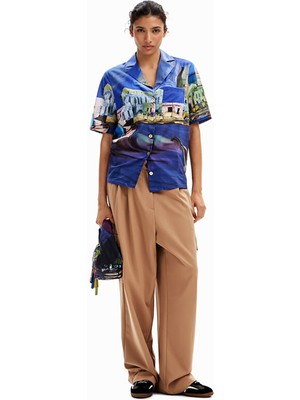 Desigual Standart Gömlek Yaka Desenli Mavi Kadın Gömlek 24SWCW38