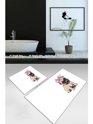 Napoli Home Dijital Baskılı Kaymaz Yıkanabilir Köpek Desen 2'li Banyo Takımı Klozet Takımı, N-Klozet-38-Beyaz,