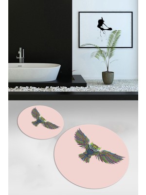 Napoli Home Dijital Baskılı Kaymaz Yıkanabilir Kuş Desen Yuvarlak 2'li Banyo Takımı, N-Y-Klozet-37-Pembe,