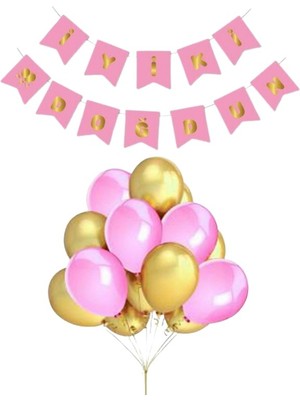 Parti Furyası Pembe Karton Üzeri Gold Altın Yaldızlı Iyiki Doğdun yazılı Doğum Günü Partisi Yazı Banner Süs Ve 20 Adet (Gold Ve Pembe,) Balon Süsleme Seti