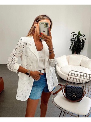 BAV Butik Ayvitrin Kadın Güpürlü Ekru Blazer Yazlık Ceket
