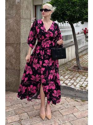 Madmext Pembe Uzun V Yaka Desenli Kadın Elbise MG2076